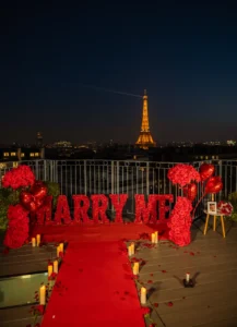 Red carpet candles flowers Eiffel Tower