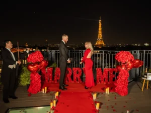 Couple with candles flowers and text